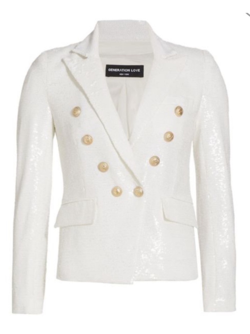 Generation Love White Sequin Double-Breasted Blazer with Gold Buttons